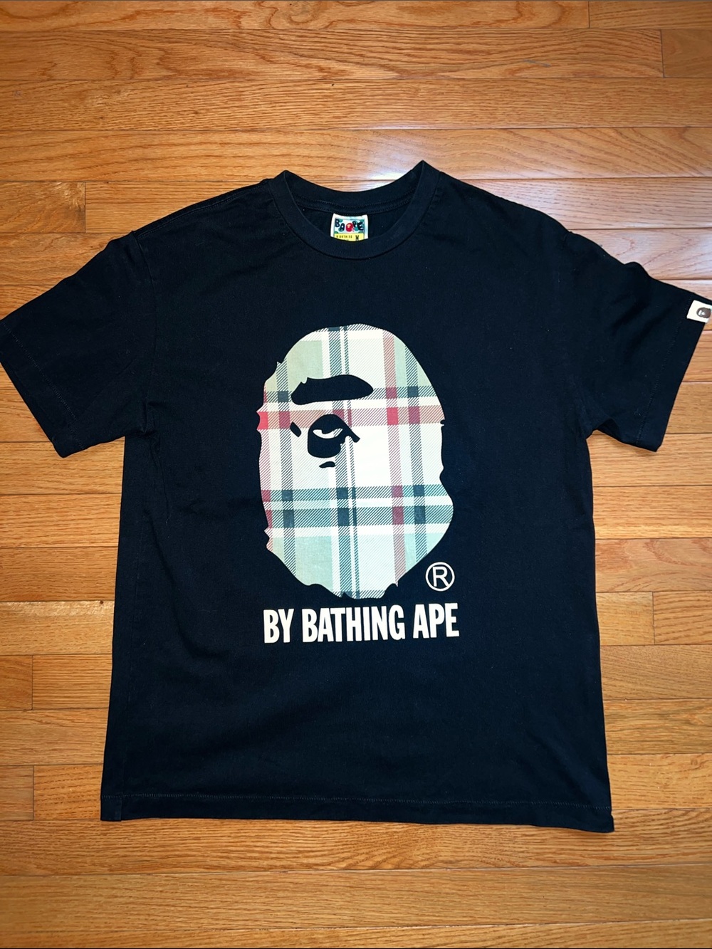 Bape Black Tee with Plaid Ape Head Graphic